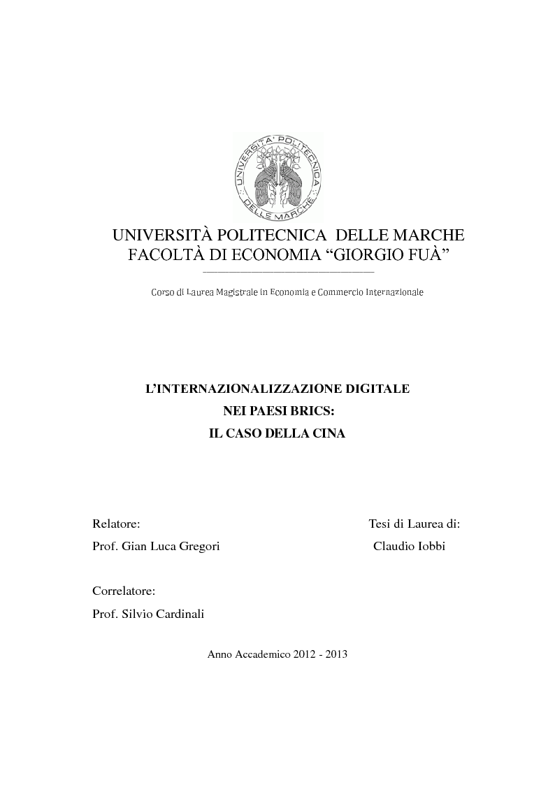 Anteprima della tesi: Internazionalizzazione digitale dei paesi BRICS: il caso della Cina, Pagina 1