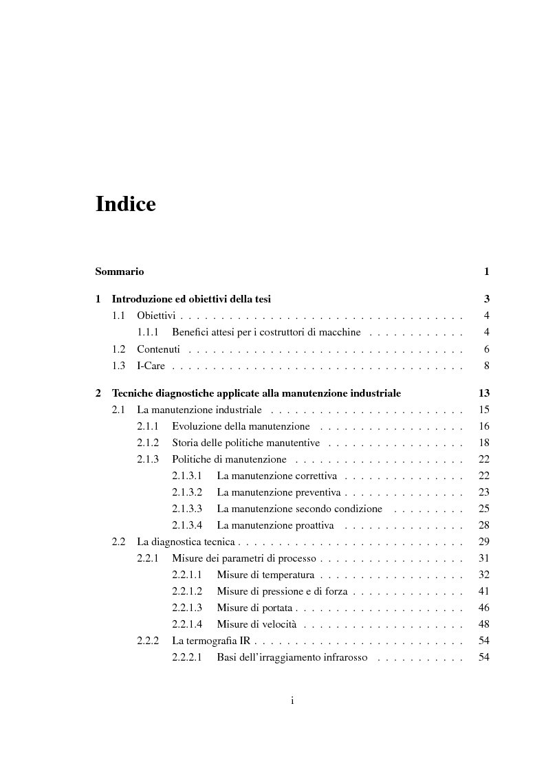 Indice della tesi: Tecniche di monitoraggio on-line delle vibrazioni meccaniche per la previsione di guasti nelle macchine automatiche, Pagina 1