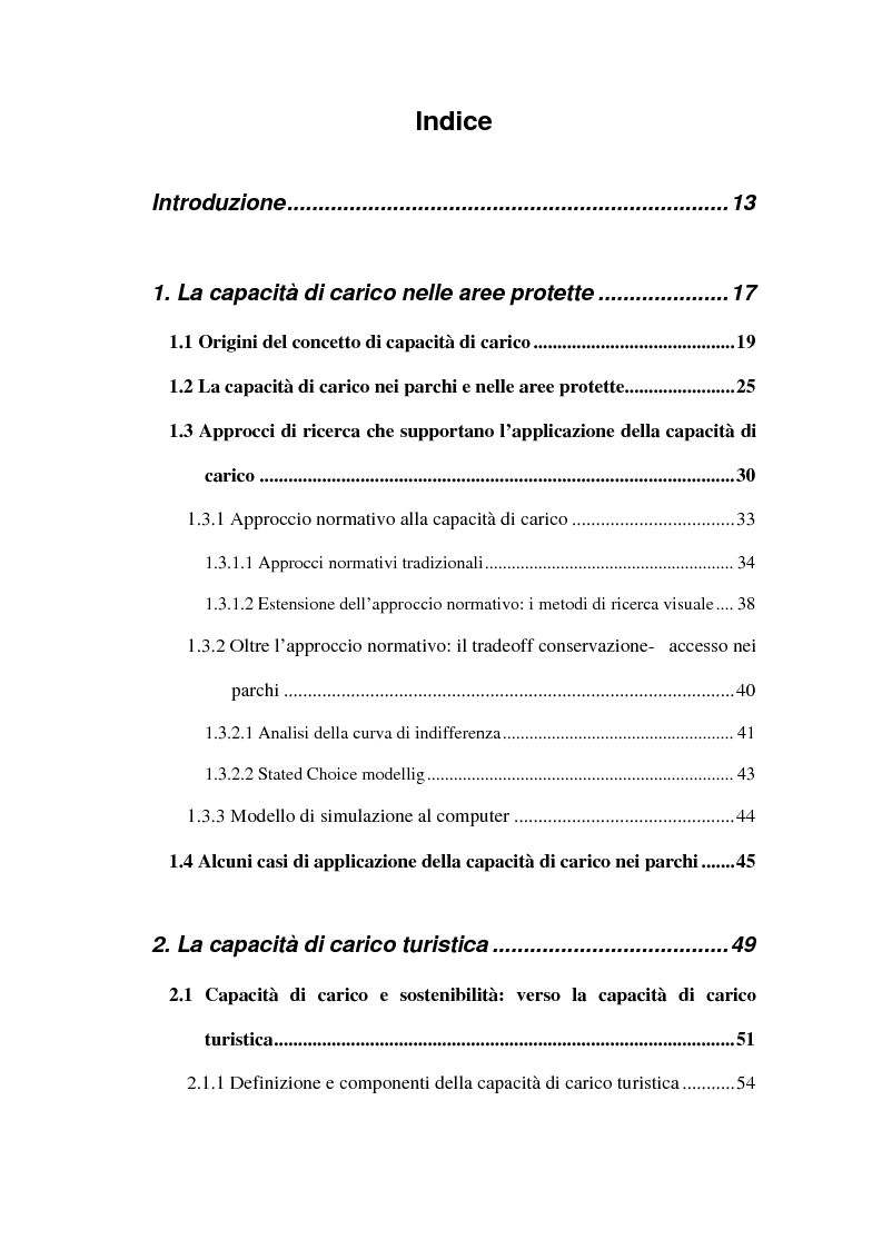 Indice della tesi: La capacità di carico turistica per le aree protette: un' analisi del territorio del Parco Adamello, Pagina 1