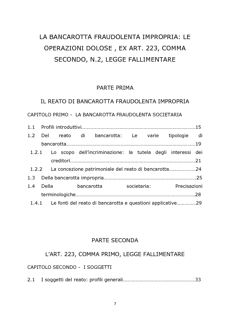 Indice della tesi: La bancarotta fraudolenta impropria: le operazioni dolose ex art. 223, comma secondo, n.2, legge fallimentare, Pagina 1