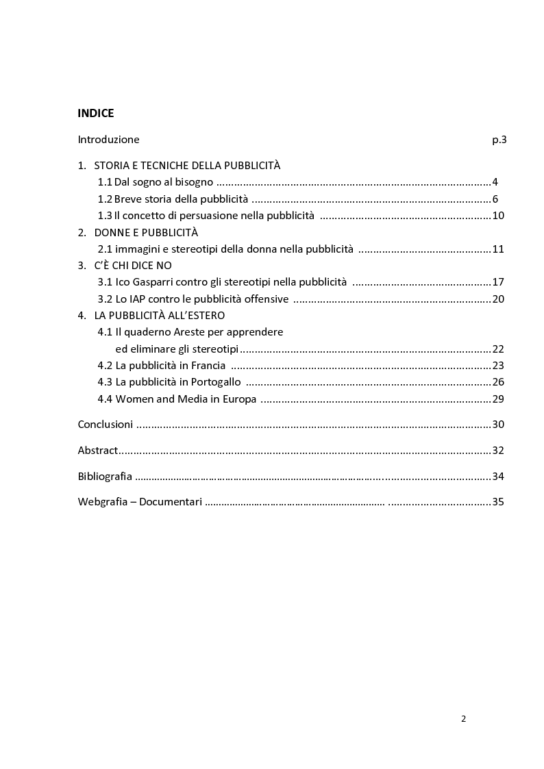 Indice della tesi: Donne, pubblicità e stereotipi, Pagina 1