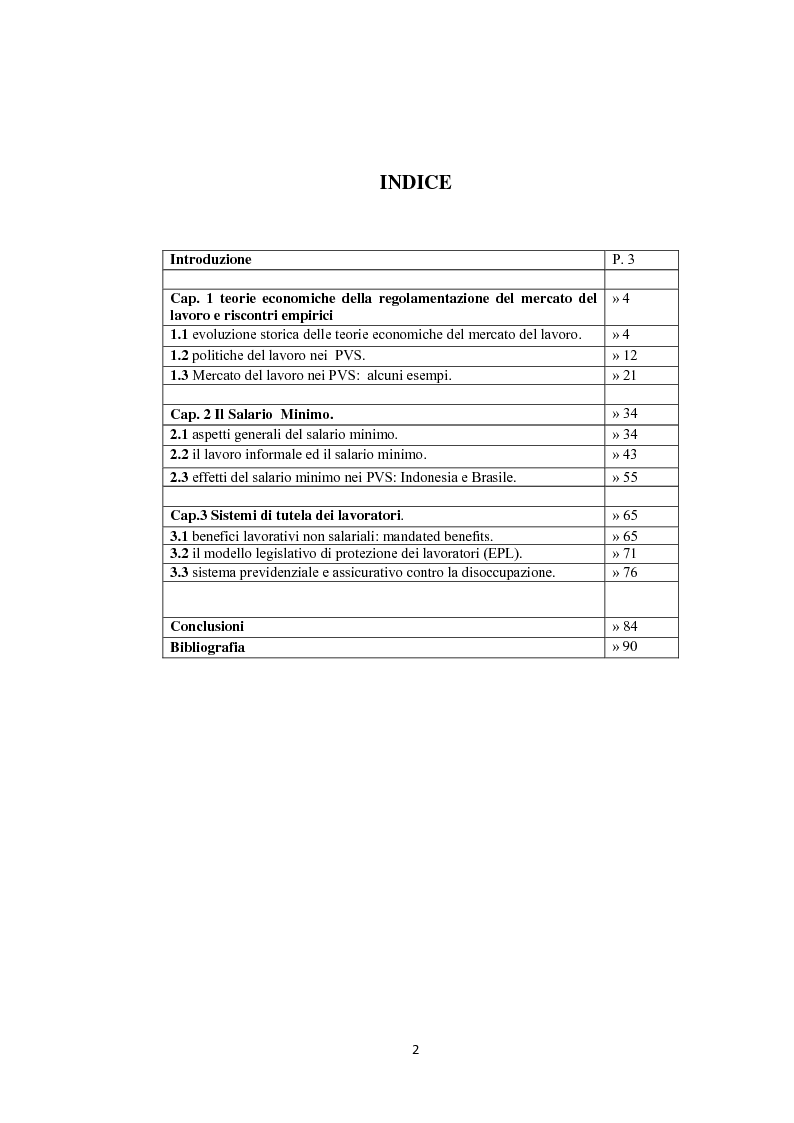 Indice della tesi: La regolamentazione del lavoro nei paesi in via di sviluppo, Pagina 1
