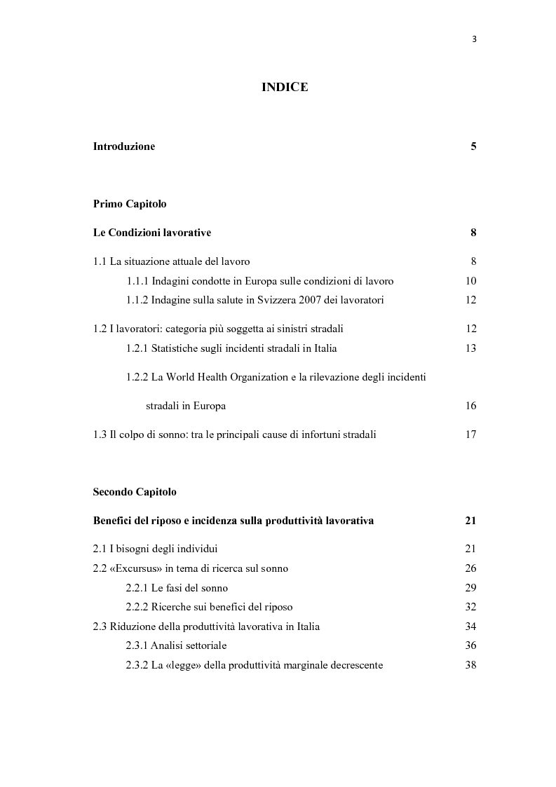 Indice della tesi: Riposo: strumento di valorizzazione delle performance quotidiane degli individui, Pagina 1