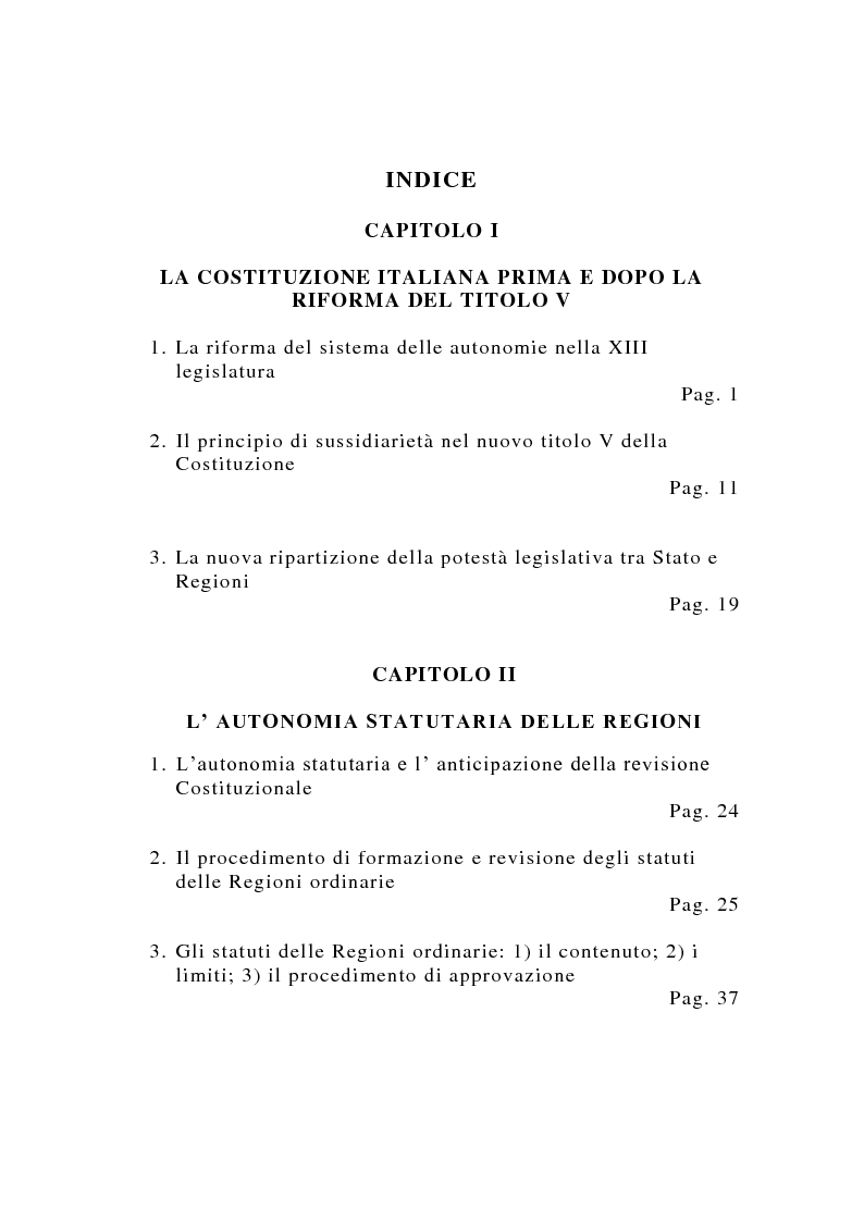 Indice della tesi: La potestà statutaria delle Regioni dopo la riforma del Titolo V della Costituzione, Pagina 1
