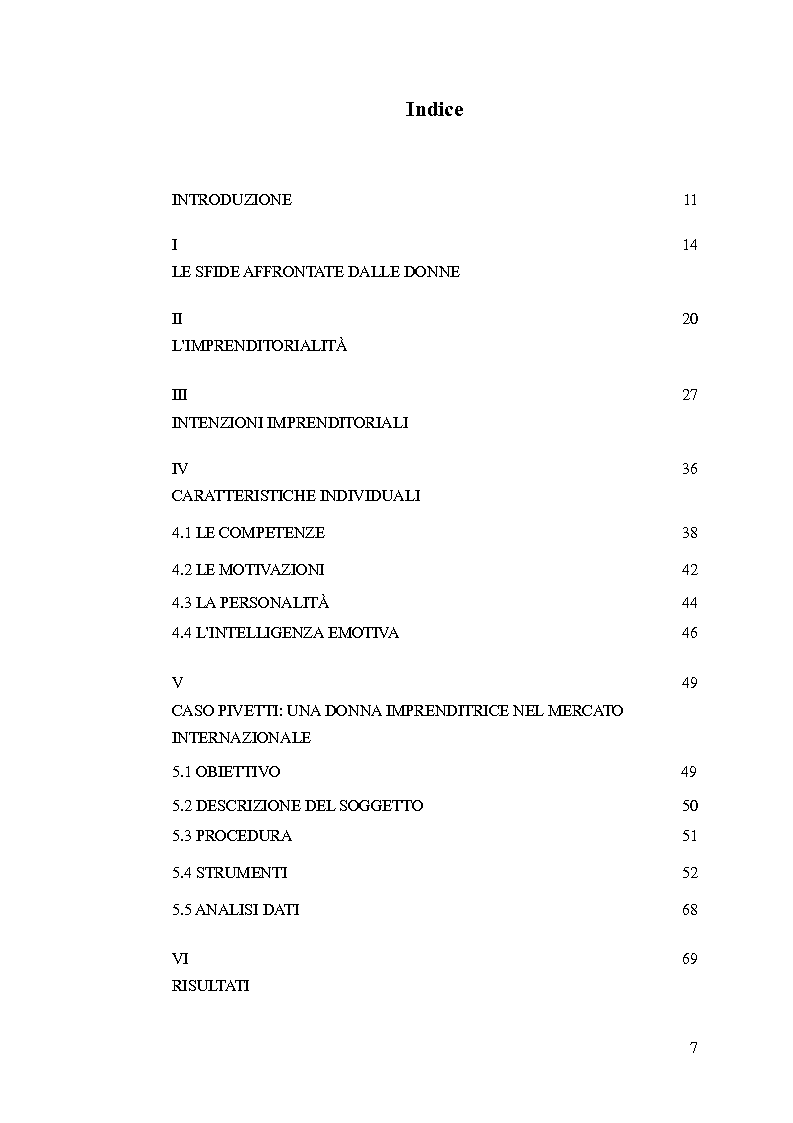 Indice della tesi: Imprenditoria Femminile - La rilevanza della donna per lo sviluppo dell'azienda, Pagina 1