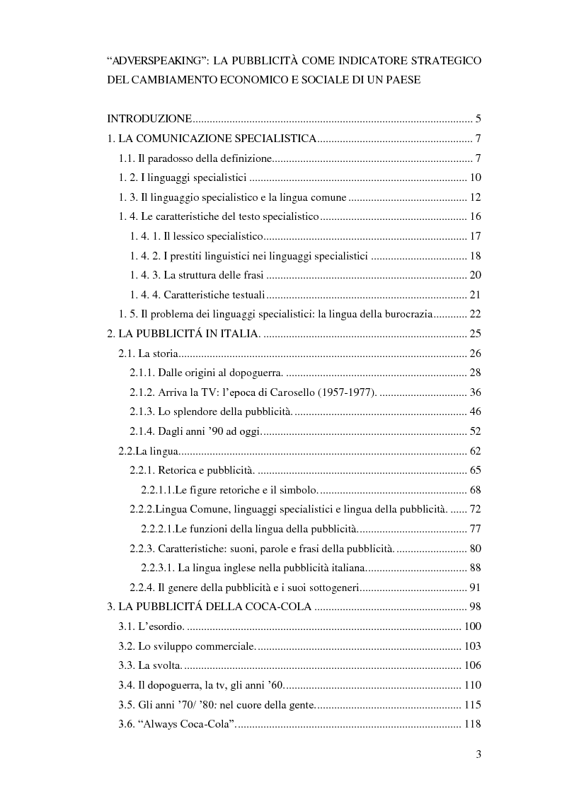 Indice della tesi: “Adverspeaking”: la pubblicità come indicatore strategico del cambiamento economico e sociale di un Paese, Pagina 1