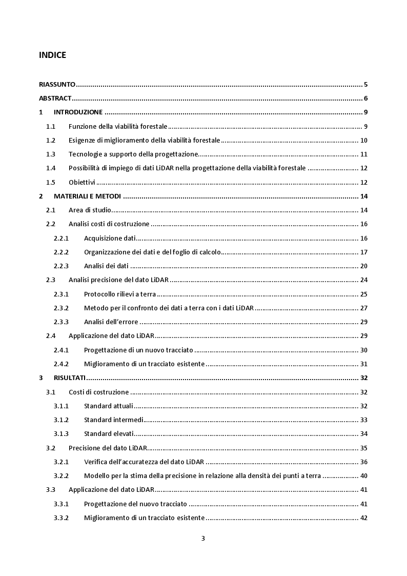 Indice della tesi: Impiego di dati LiDAR a supporto di interventi di miglioramento della viabilità forestale, Pagina 1