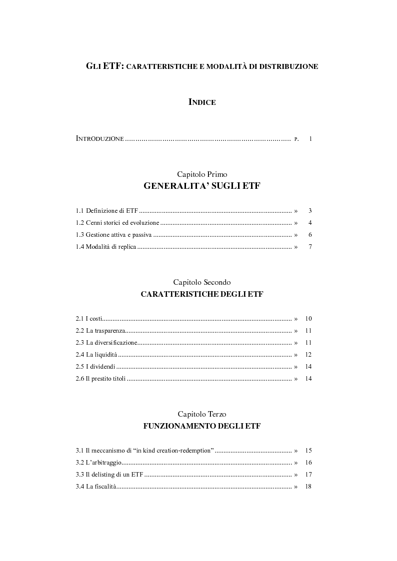 Indice della tesi: Gli ETF: caratteristiche e modalità di distribuzione, Pagina 1