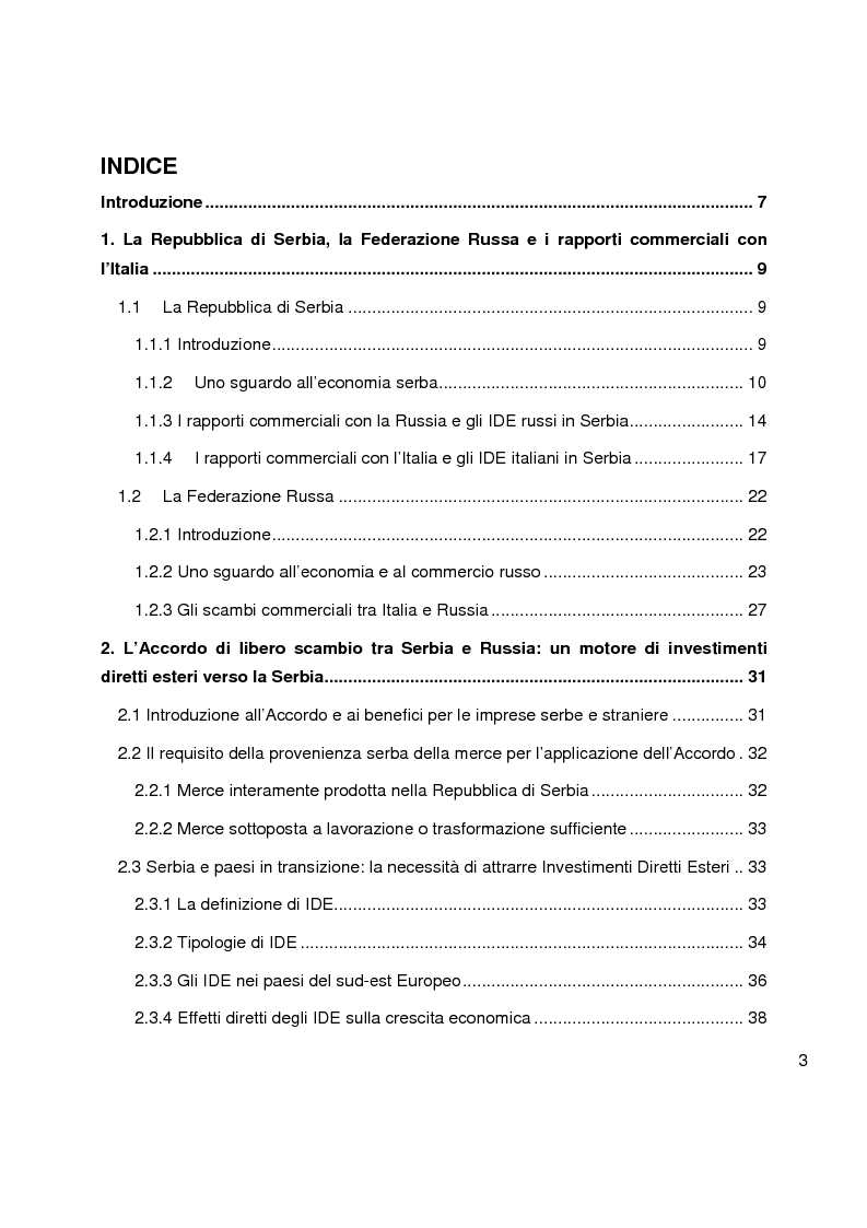 Indice della tesi: L'Accordo di libero scambio tra Serbia e Russia: opportunità per le imprese italiane, Pagina 1