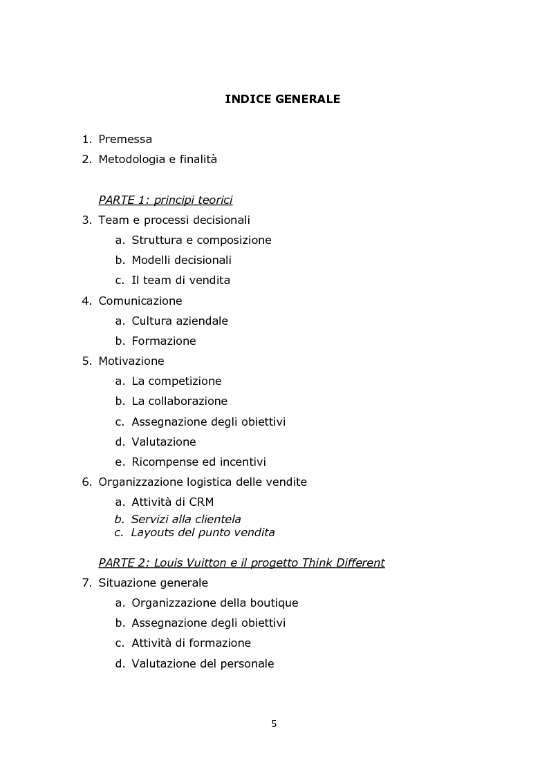 Indice della tesi: Il miglioramento delle performance aziendali tramite l'assegnazione di obiettivi di vendita: l'esperienza Louis Vuitton., Pagina 1