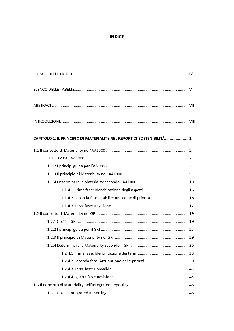 Indice della tesi: Il principio di materialità nei report di sostenibilità: confronto tra IR, AA1000 e GRI, Pagina 1