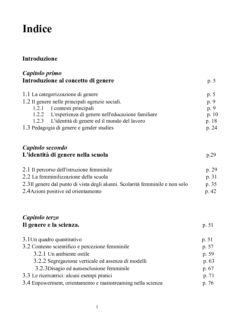 Indice della tesi: Stereotipi nella differenziazione di genere: pratiche educative nelle scienze e nelle tecnologie, Pagina 1