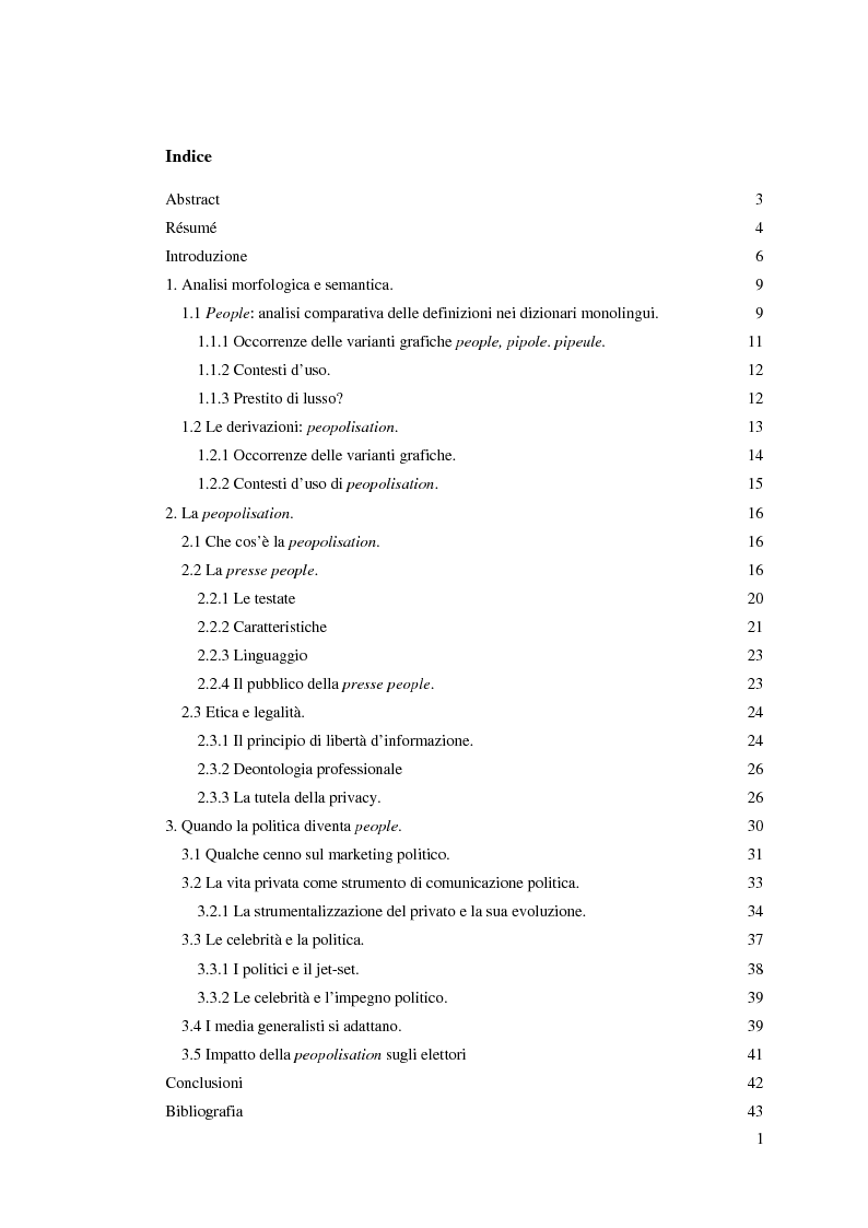 Indice della tesi: La peopolisation de la politique: quando il gossip diventa propaganda., Pagina 1