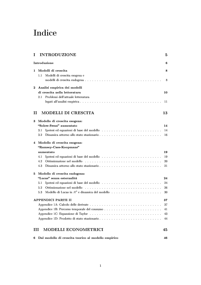 Indice della tesi: Modelli economici di crescita: sviluppi teorici e analisi empirica, Pagina 1