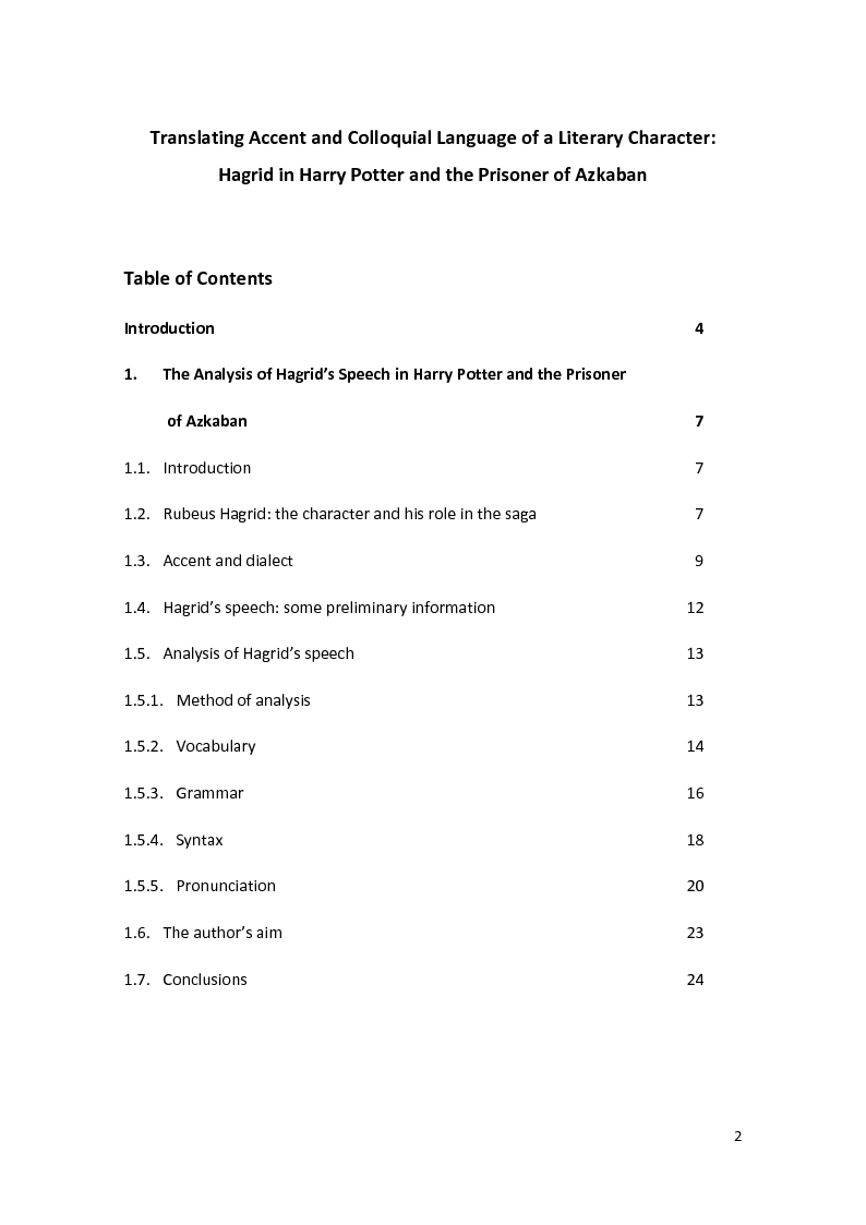 Indice della tesi: Translating Accent and Colloquial Language of a Literary Character: Hagrid in Harry Potter and the Prisoner of Azkaban, Pagina 1