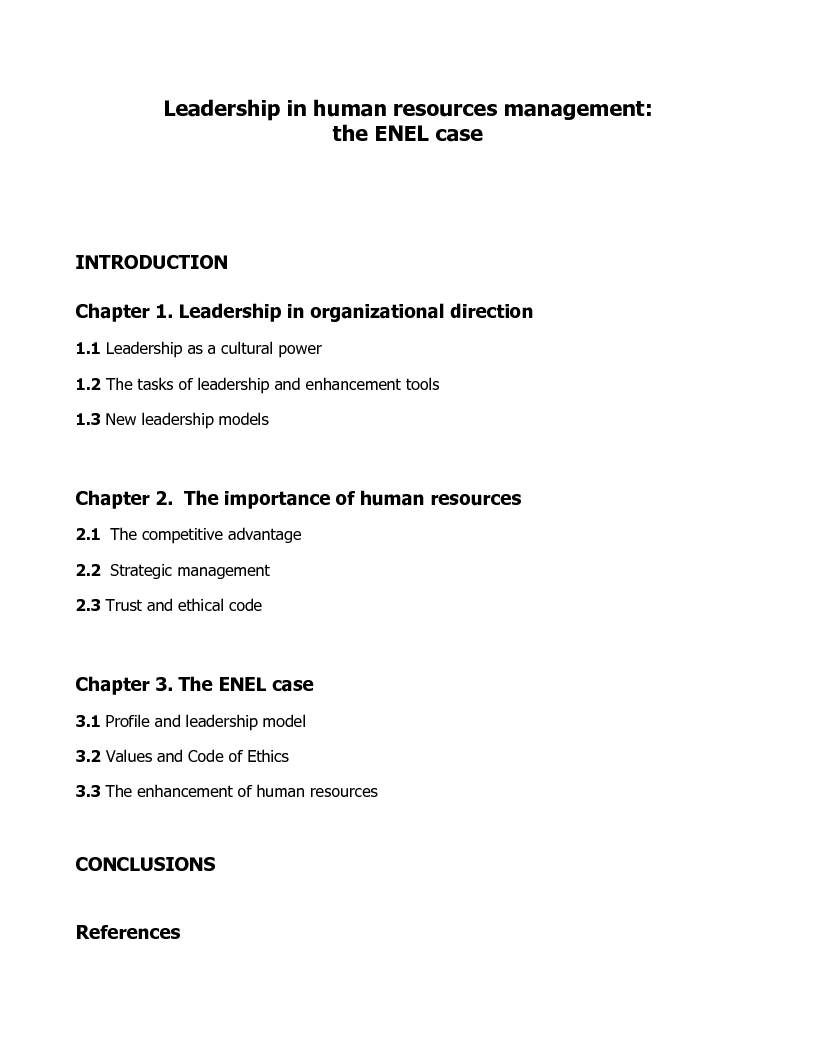 Indice della tesi: Leadership in human resources management: the ENEL case, Pagina 1