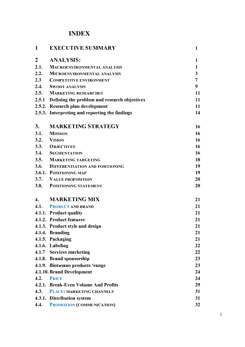 Indice della tesi: Marketing plan: My Biological Business, Pagina 1