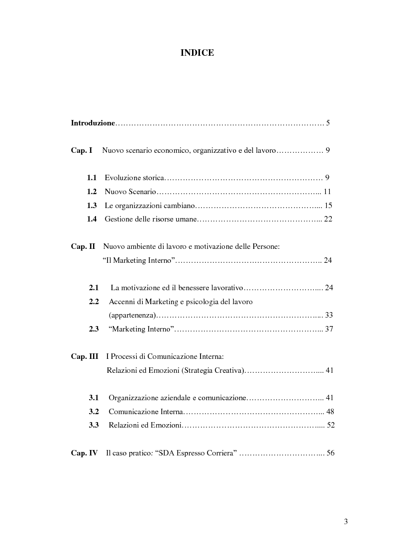 Indice della tesi: Le nuove organizzazioni aziendali e la motivazione delle persone attraverso il Marketing e la Comunicazione Interni, Pagina 1