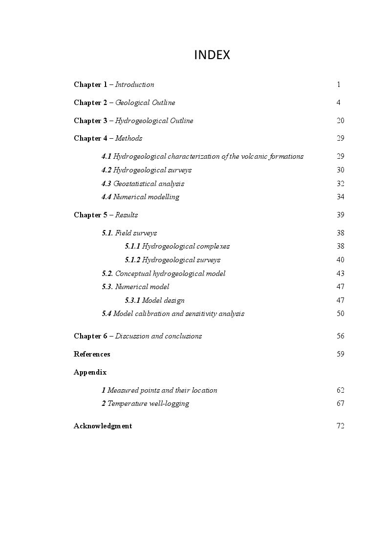 Indice della tesi: Hydrogeological scheme and steady state flow model of the Vico Lake basin, Pagina 1