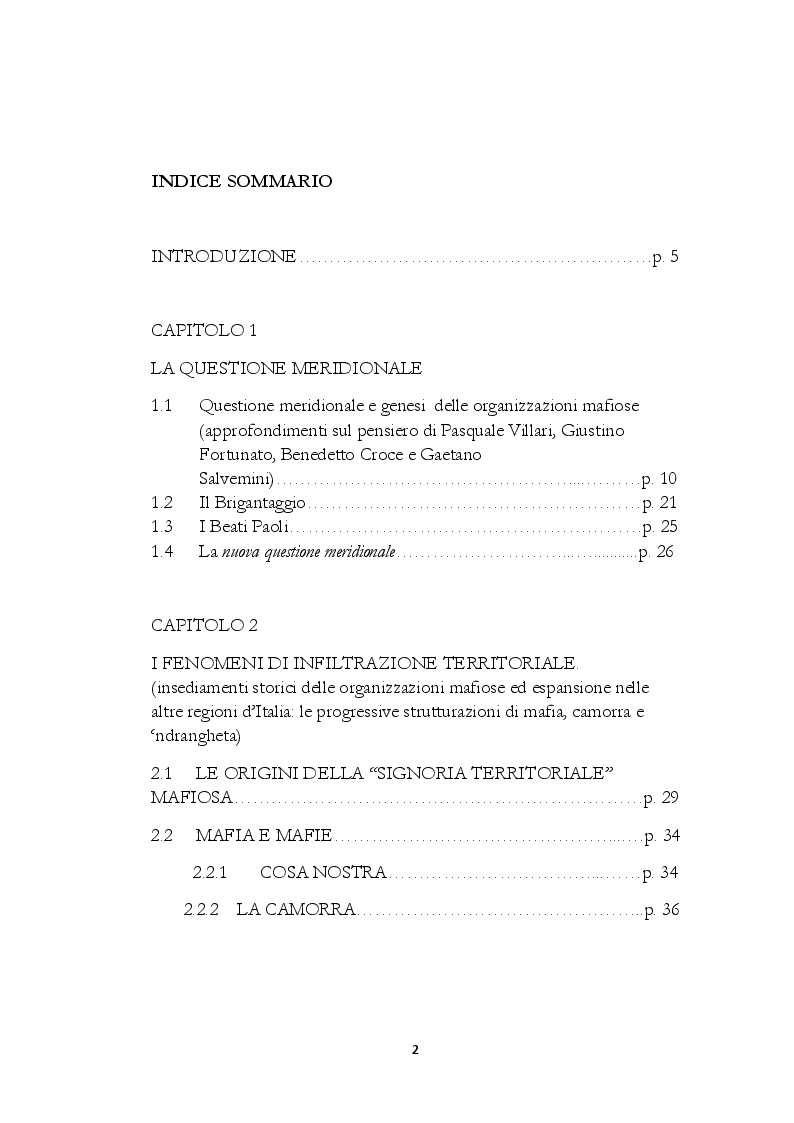 Indice della tesi: Le nuove frontiere delle organizzazioni criminali: un profilo socio-politico., Pagina 1