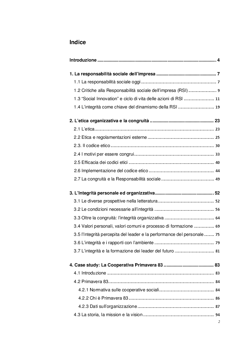 Indice della tesi: La Responsabilità Sociale d'Impresa come "Innovazione sociale": Dalla Congruità all'Integrità. Il caso "Primavera 83", Pagina 1