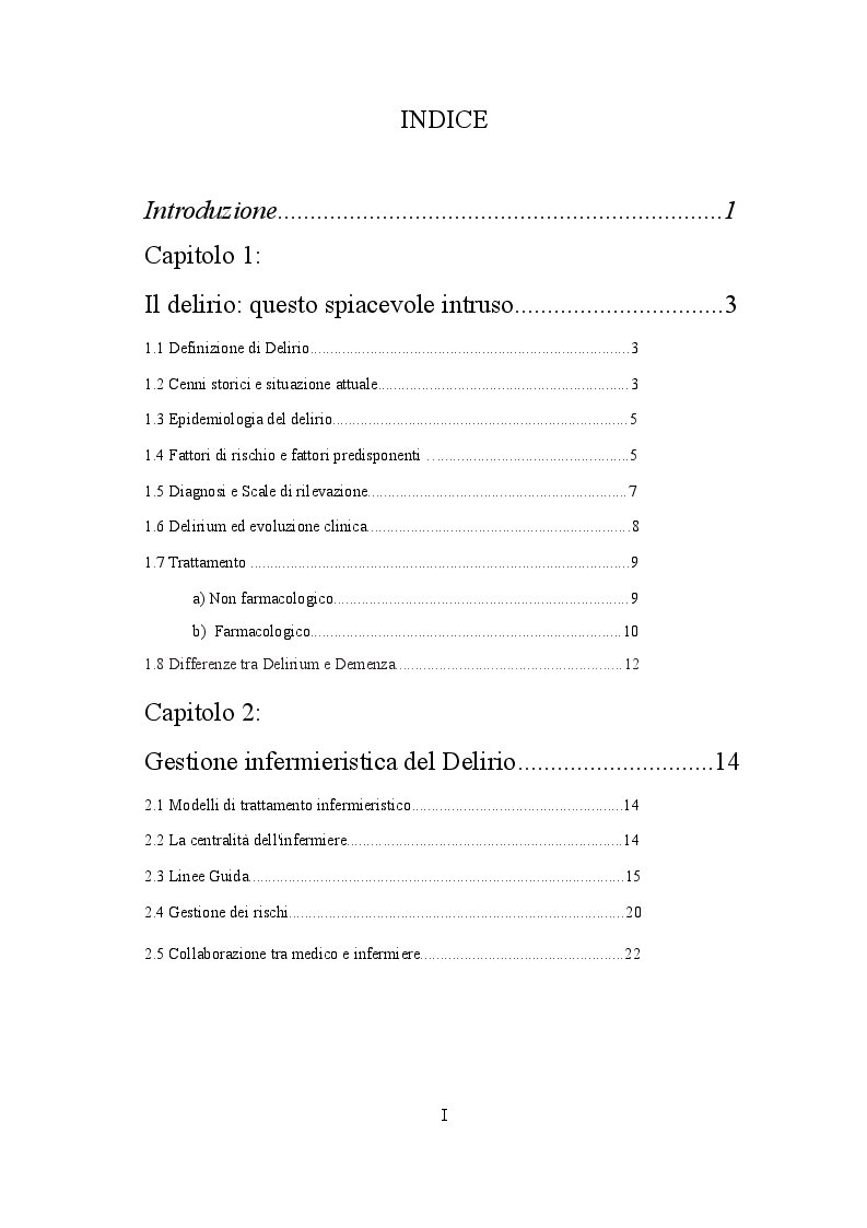 Indice della tesi: Le Delirium Rooms: un modello a gestione infermieristica., Pagina 1
