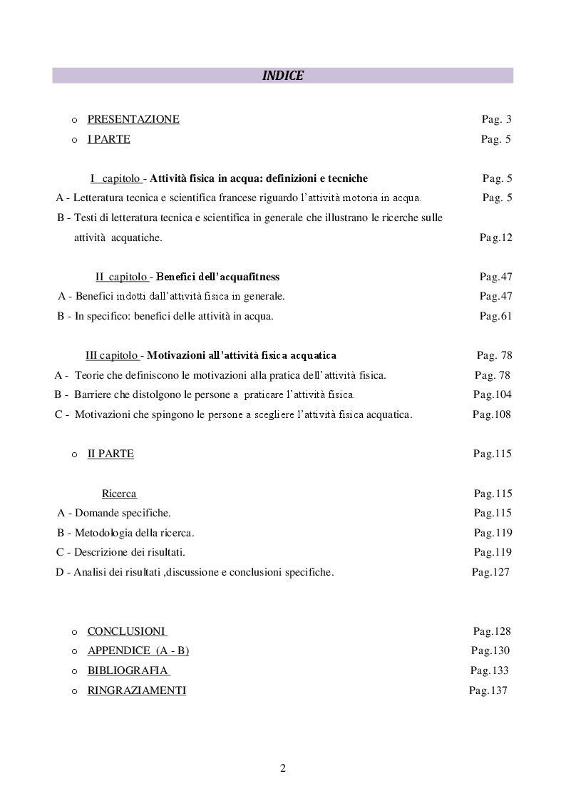 Indice della tesi: Le motivazioni nella pratica delle attività fisiche acquatiche, Pagina 1