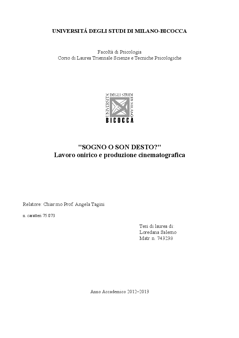 Anteprima della tesi: ''Sogno o son desto ?'' Lavoro onirico e produzione cinematografica, Pagina 1