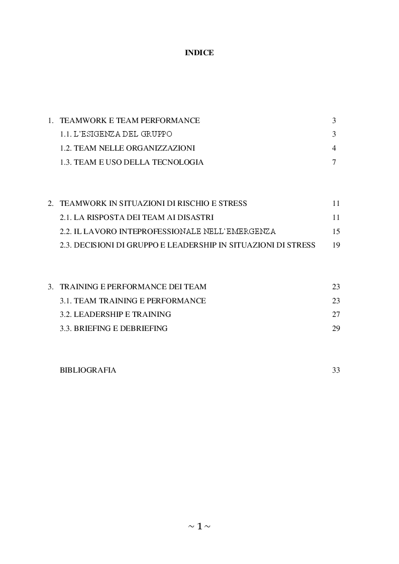 Indice della tesi: Teamwork e team performance, Pagina 1