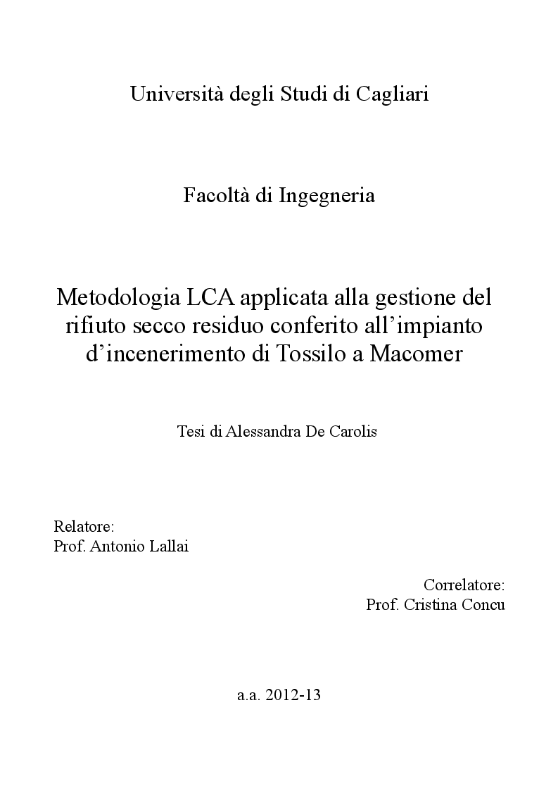 Anteprima della tesi: Metodologia LCA applicata alla gestione del rifiuto secco residuo conferito all’impianto d’incenerimento di Tossilo a Macomer, Pagina 1