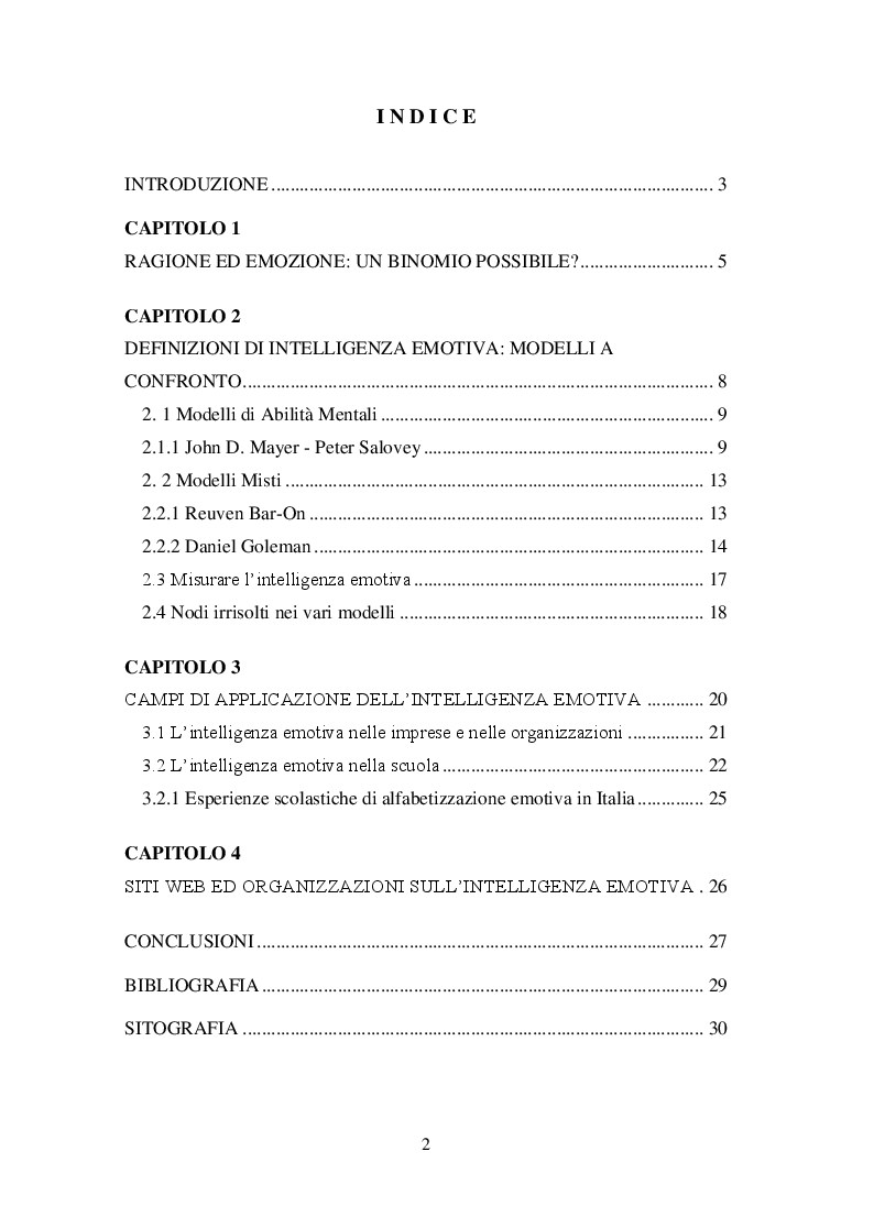 Indice della tesi: Ragione ed emozione, un binomio possibile? Sguardi sull'intelligenza emotiva, Pagina 1