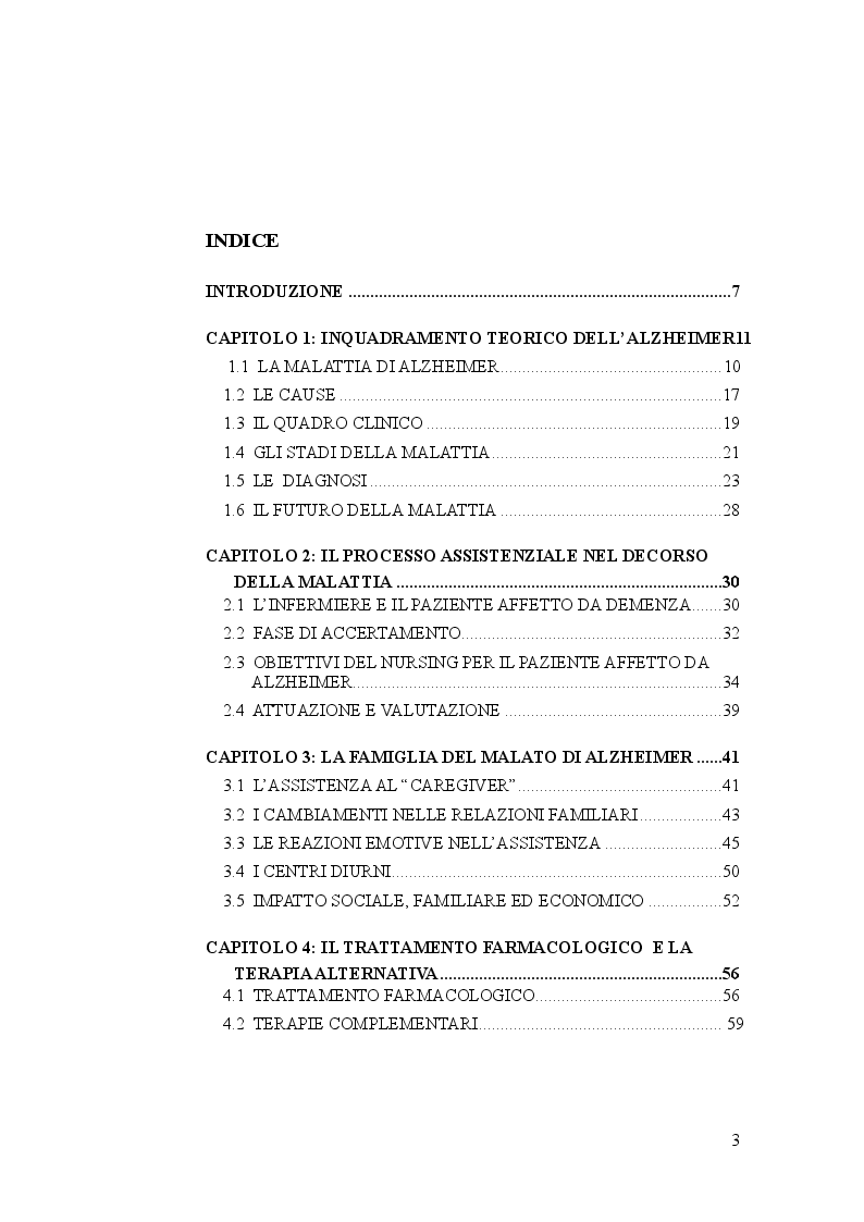 Indice della tesi: Il puzzle assistenziale dinamico: assistenza infermieristica al malato di Alzheimer, Pagina 1