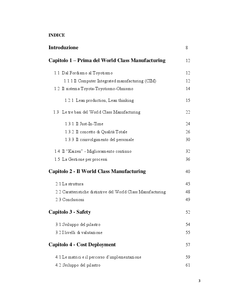 Indice della tesi: La qualità dei processi in azienda: caratteristiche e finalità del World Class Manufacturing, Pagina 1