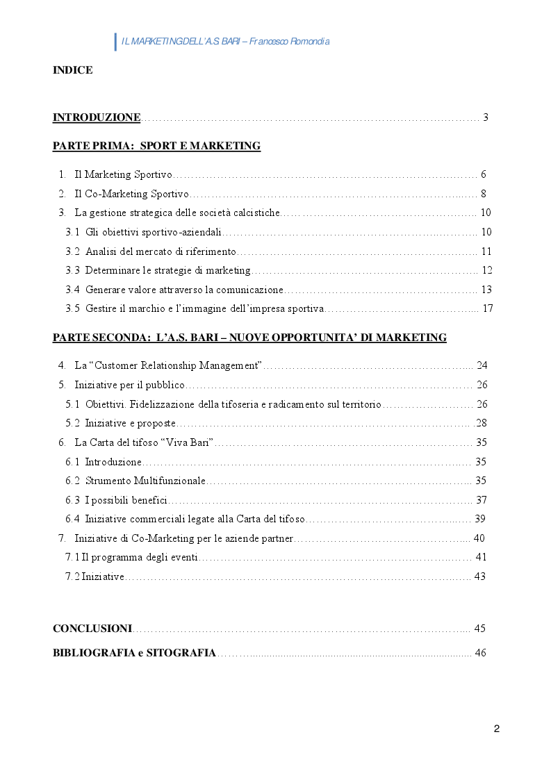 Indice della tesi: L'A.S. BARI: nuove iniziative di marketing per tifosi e aziende partner, Pagina 1