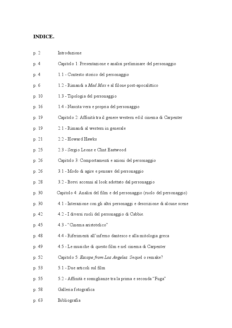 Indice della tesi: Snake Plissken - il Prototipo dell'antieroe, Pagina 1