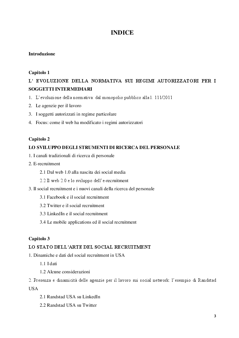 Indice della tesi: Profili giuridici e contenuti professionali del social recruitment: Usa e Italia a confronto, Pagina 1