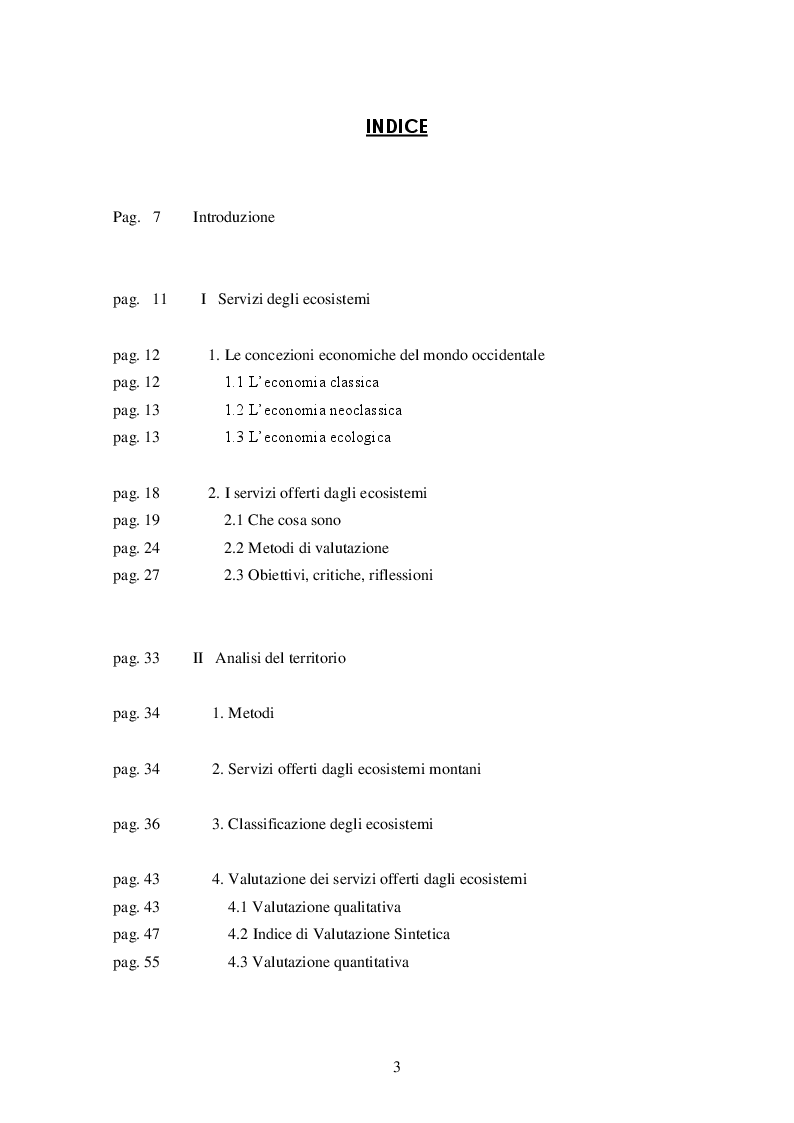 Indice della tesi: Servizi degli ecosistemi. Analisi e valutazione nelle Alpi lombarde, Pagina 1