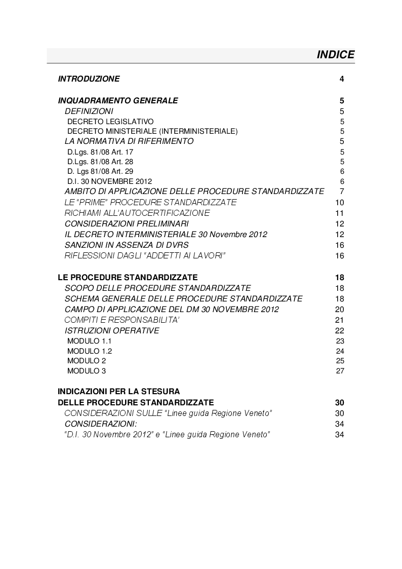 Indice della tesi: "Decreto Interministeriale 30 Novembre 2012" Procedure standardizzate per la valutazione dei rischi: esame normativo ed indicazioni operative, Pagina 1