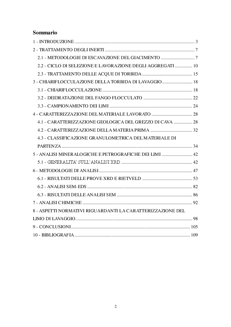 Indice della tesi: Caratterizzazione chimica, petrografica e mineralogica di fanghi di lavaggio di cava, con particolare riguardo alle problematiche ambientali, Pagina 1