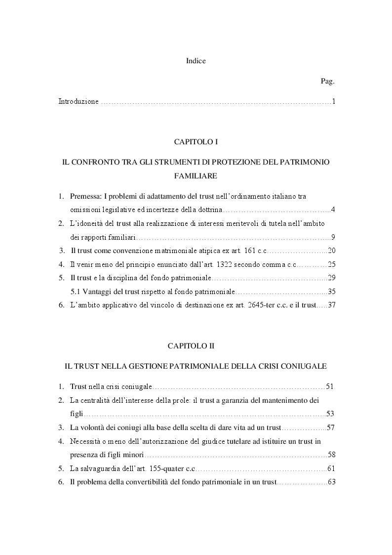 Indice della tesi: Trust e affidamenti fiduciari nella disciplina dei rapporti familiari, Pagina 1