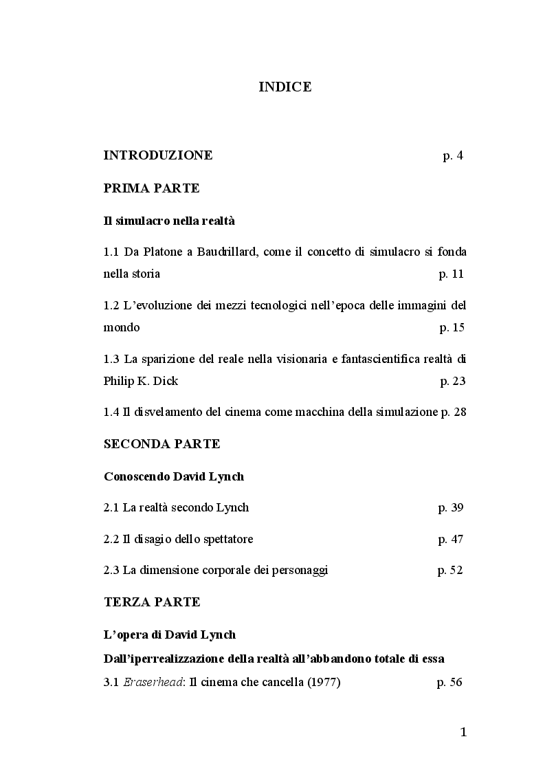 Indice della tesi: La sparizione del reale nel cinema di David Lynch, Pagina 1