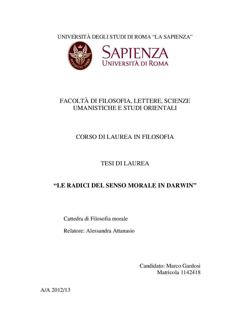 Anteprima della tesi: Le radici del senso morale in Darwin, Pagina 1
