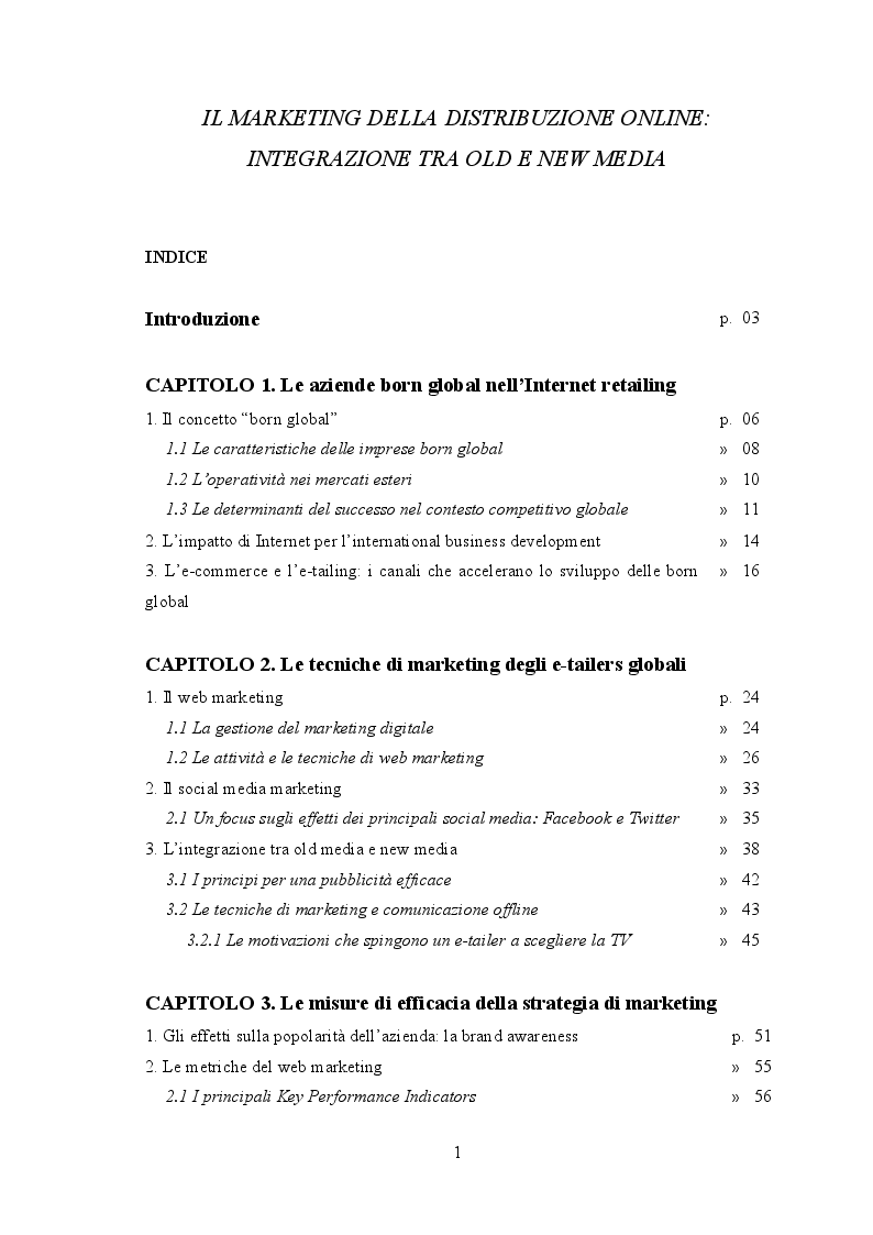 Indice della tesi: Il marketing della distribuzione online: integrazione tra old e new media, Pagina 1