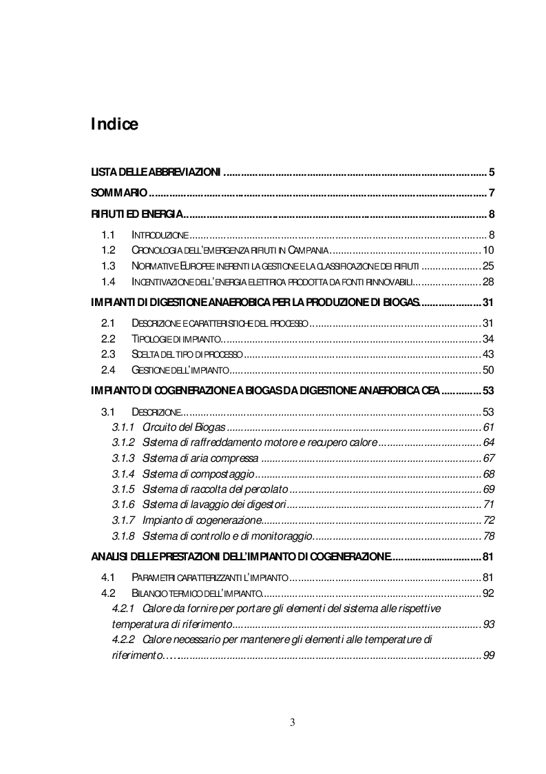 Indice della tesi: Analisi delle prestazioni di un impianto di cogenerazione a biogas da digestione anaerobica da 1 MW, Pagina 1