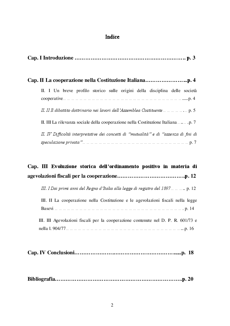 Indice della tesi: Il principio di mutualità prevalente nelle cooperative e la normativa delle agevolazioni fiscali, Pagina 1