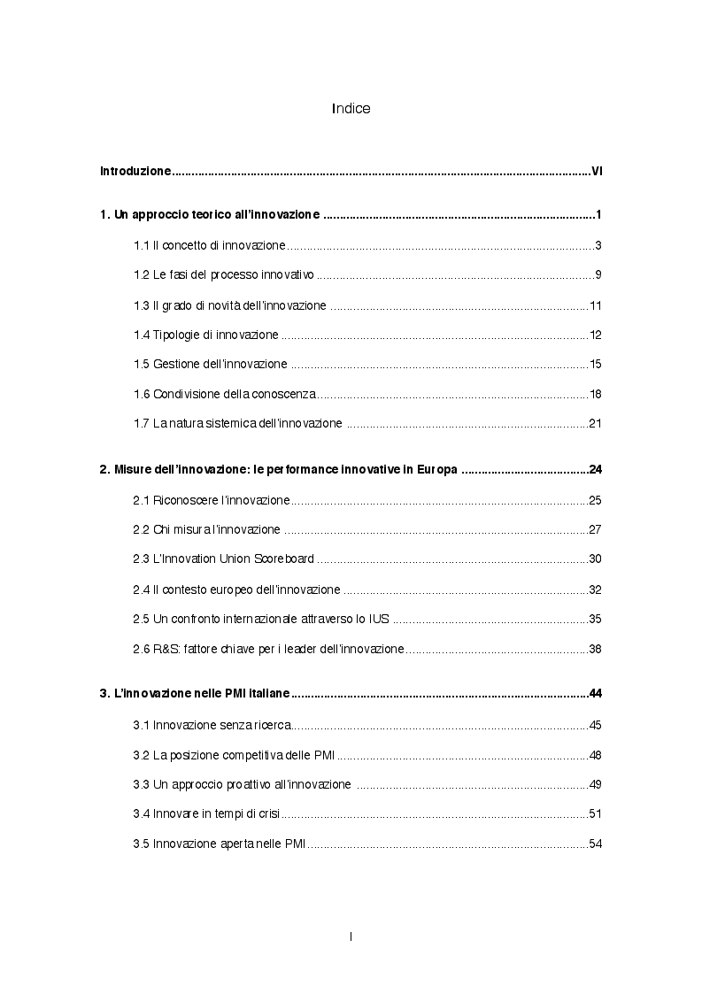 Indice della tesi: Il valore strategico dei processi di innovazione aperta per le PMI italiane. La valutazione delle performance nel settore dell’arredamento, Pagina 1