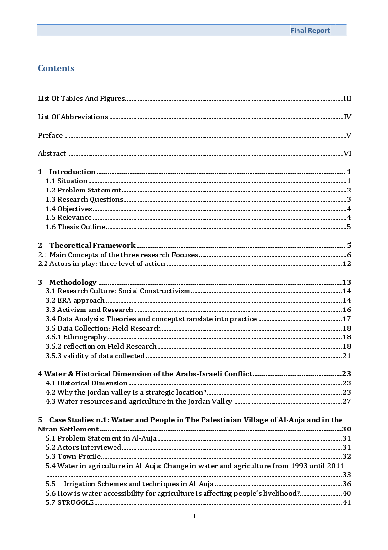 Indice della tesi: Water and People: Accessibility, Distribution and Struggles - Case study in the Jordan Valley, Pagina 1