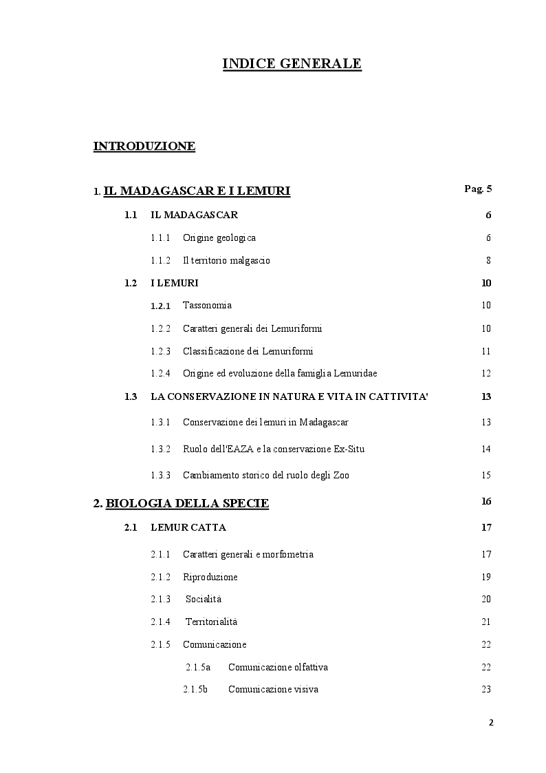 Indice della tesi: L'effetto dei visitatori sul comportamento di Lemur catta in un'area 'walk-through', Pagina 1