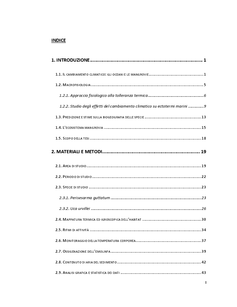 Indice della tesi: Vulnerabilità dei granchi di mangrovia al cambiamento climatico: due casi di studio nelle foreste del Kenya., Pagina 1