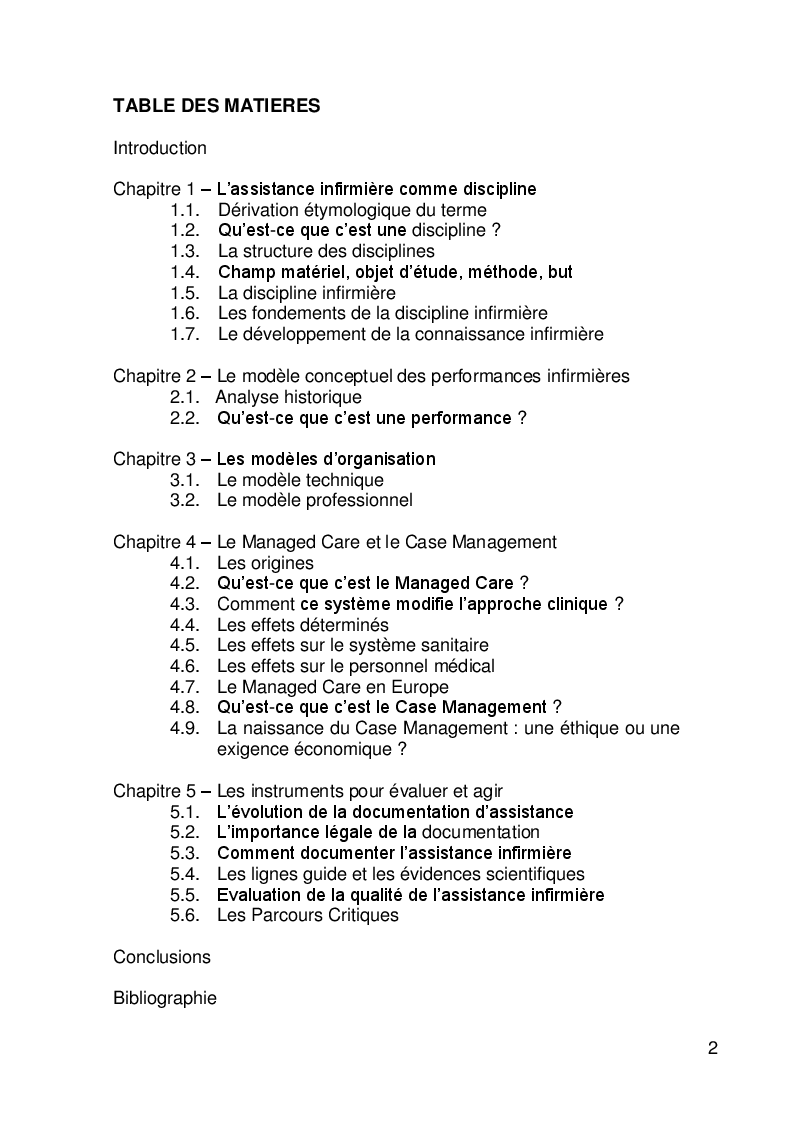 Indice della tesi: L'évolution des modèles d'organisation pour l'assistance infirmière, Pagina 1